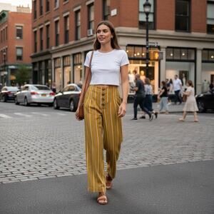Zara TRF Striped Wide Leg Pants Mustard Yellow Stripe Button Front Women’s Small